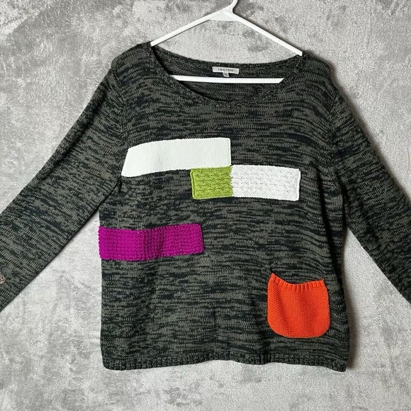 Sweaters - Charter Club Gray Marled Crewneck Sweater with Colorblock Accents